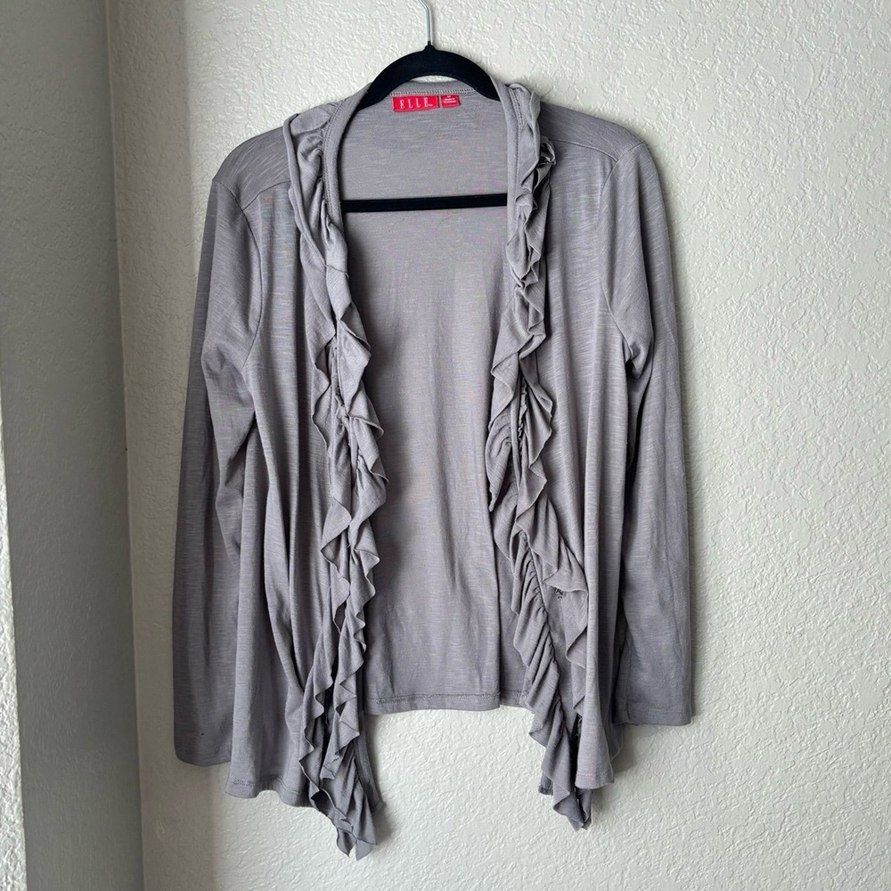 Women's Gray Ruffle Front Long Sleeve Cardigan M